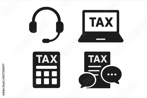 Tax advisor icon set. Financial consultant and accountant services. Online tax filing support. Tax return calculation and declaration document. Finance help pictogram collection.