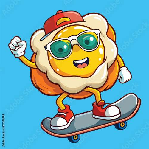 fried egg rides a skateboard confidently, showing off a cool attitude
