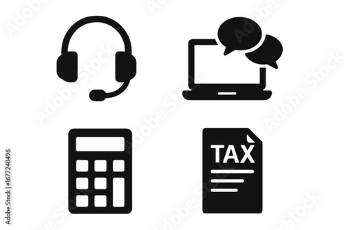 Tax advisor icon set. Financial consultant and accounting service symbols. Online support with headset and laptop chat. Tax declaration, calculation, and finance document icons.
