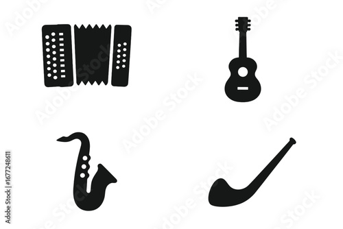 Musical instrument icon set. Solid glyph vector collection of 4 music symbols: accordion, acoustic guitar, saxophone, alphorn. Isolated silhouette for web, app, audio design.
