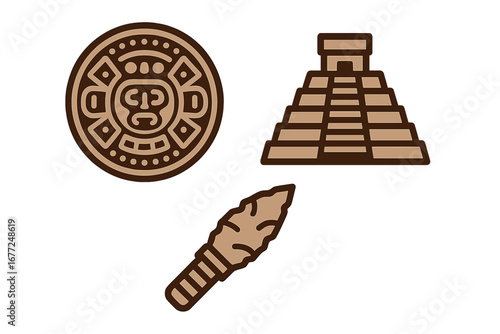 Mayan Aztec icon set. Ancient Mexican civilization symbols. Vector graphic of Sun Stone calendar, Chichen Itza pyramid, obsidian sacrificial blade. History and archaeology artifacts.
