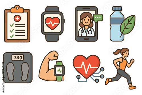 Health tech and fitness icon set. Telemedicine, workout, running. Digital health care, heart rate monitor on smart watch. Healthy lifestyle, diet, sport. Vector illustration.