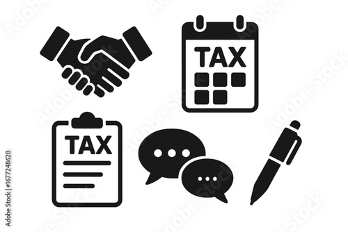 Tax consultation solid icon set. Vector icons of handshake, tax calendar, clipboard form, pen and speech bubbles for finance, accounting, and business advisory services.