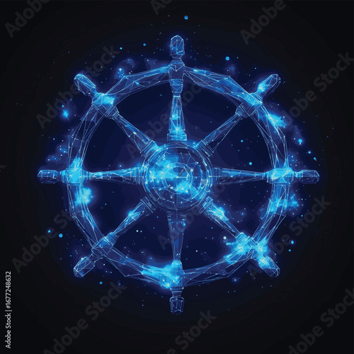 Polygonal digital ship wheel in blue low poly style with starry cosmic background representing navigation leadership and travel concept vector illustration