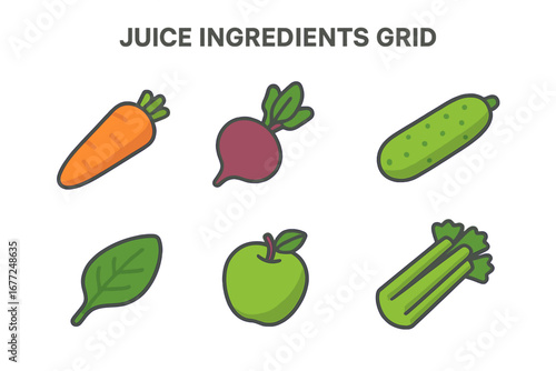 Juice ingredients vector icon set. Isometric flat design of carrot, beetroot, cucumber, spinach, apple, celery. Healthy organic food for vegan diet, detox, fresh smoothie.