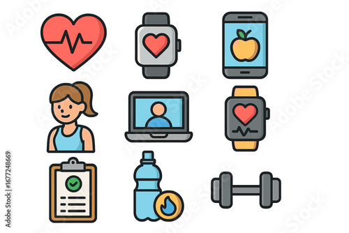 Health and fitness icons set. Vector illustration of modern wellness technology. Smartwatch, nutrition app, workout, heart rate monitor. Digital healthcare and sport concept.