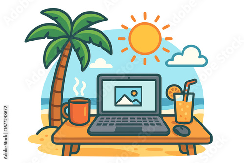 Digital nomad lifestyle concept. Remote work from a tropical beach paradise. Laptop computer on a desk with coffee and juice. Summer vacation freelance office vector illustration.