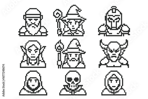 Pixel art fantasy character icon set. 8-bit RPG game avatars with outline design. Vector collection includes wizard, elf, knight, dwarf, demon, skeleton, and rogue heads.