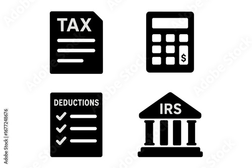 Tax preparation solid icon set. Finance and accounting symbols. IRS building, tax form, calculator, deductions list. Financial report, income tax return vector illustration.