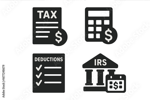 Tax preparation solid glyph icon set. Finance, accounting vector symbols. Includes tax return form, financial calculator, expense deductions checklist, IRS building, tax day calendar.