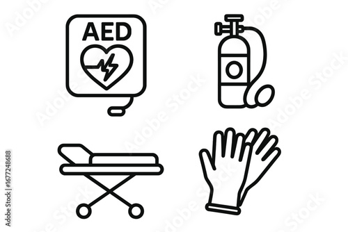 Medical emergency line icon set. First aid, hospital, ambulance care. AED defibrillator with heart, oxygen tank, stretcher gurney, gloves. Vector paramedic equipment symbol.