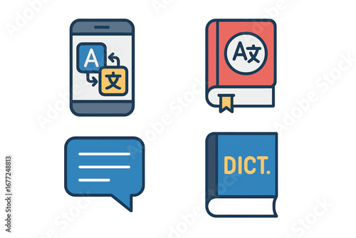 Language tool flat icon set. Vector icons for translation app, dictionary, phrasebook, speech bubble. Concept for international communication, e-learning, and bilingual services.
