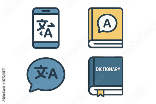 Language translation tool flat icon set. Vector graphic of mobile translator app, dictionary, phrasebook, communication speech bubble. Foreign language learning & education concept.