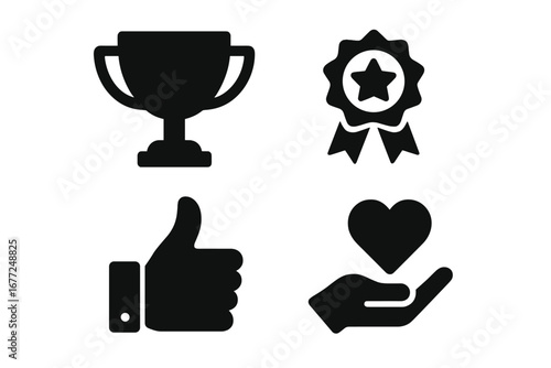 Motivation and care solid icon set for business success and employee recognition. Includes award trophy, quality star badge, thumbs up for feedback, and heart for support.