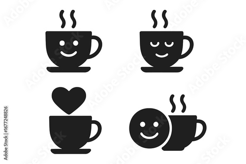 Tea time and coffee break emotion icons. Solid glyph icon set with happy smiley face, relaxed mug, and heart cup. Vector symbols for positive feelings and hot beverages.