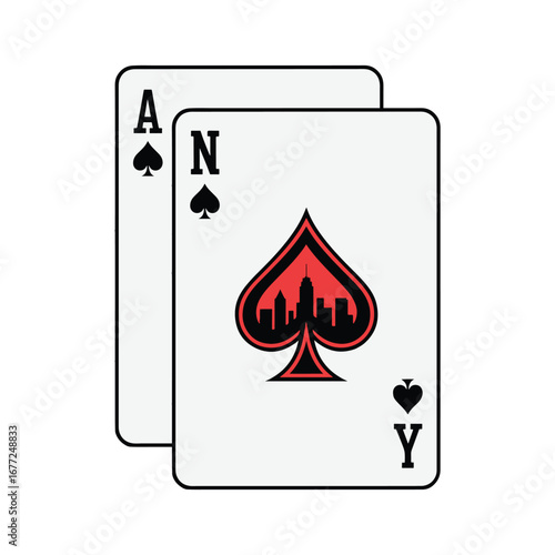 A pair of ace of spades playing cards featuring a New York City skyline design, a winning hand, vector illustration