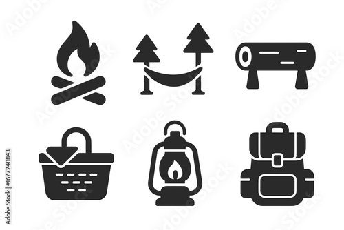 Camping icon set. Hiking, nature and outdoor activity solid glyph icons. Campfire, hammock, picnic basket, backpack, lantern, log bench. Vector adventure and travel symbols.