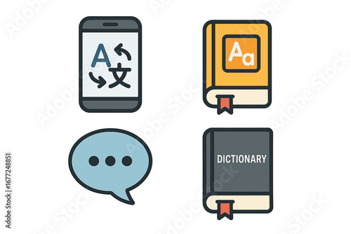 Language tool icons set. Flat vector illustration of communication and translation app, dictionary, phrasebook, and speech bubble. Foreign language learning symbols.