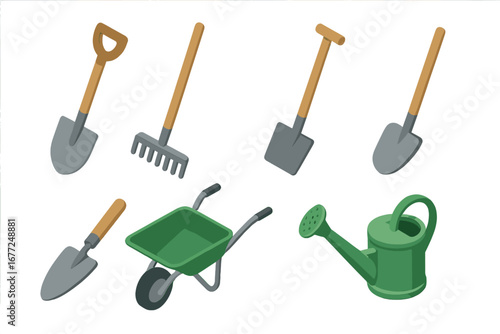 Garden tools icon set in isometric flat vector style. Gardening equipment collection with spade, rake, shovel, trowel, wheelbarrow, watering can for agriculture or hobby.