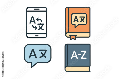 Language tool icon collection. Flat vector set with translation app, dictionary, phrasebook, speech bubble. For foreign language study, vocabulary building, and global communication.