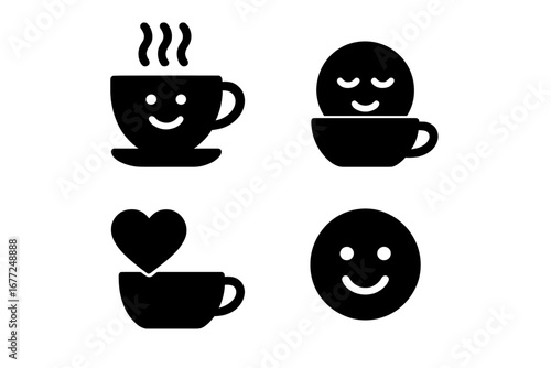 Tea time emotion icons. Solid filled icon set of a happy smiling teacup with steam, a relaxed face in a mug, and a cup with a heart. Vector symbols for coffee break.