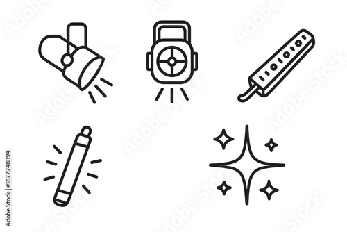 Lighting equipment icon set. Outline vector symbols for light effects. Spotlight, stage light, LED strip, glow stick, lens flare, sparkle. For party, concert, show design.