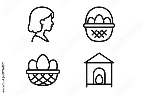 Farm life icon set with woman, eggs in basket, and chicken coop. Outline vector icons for agriculture, organic food, and homesteading. Fresh breakfast and poultry farming symbols.