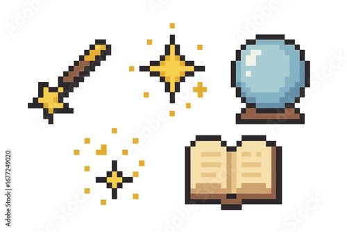 Magical pixel icons set for retro video games. 8-bit RPG wizard assets with magic wand, spellbook, crystal ball, and sparkle. Fantasy sprite collection vector illustration.