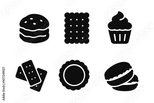 Tea party dessert icon set. Solid glyph vector graphics. Pastry collection with scone, biscuit, cupcake, shortbread, jam tart, macaron. Bakery, cafe, confectionery symbols.