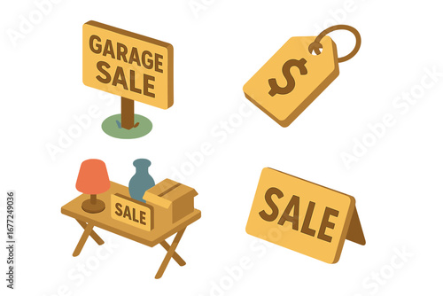 Garage sale isometric icon set. Yard sale vector illustration with for sale sign, price tag, and second hand items on a table. Flea market, neighborhood sale concept icons.