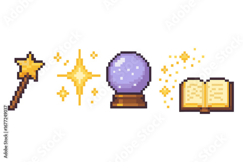 Pixel art magic icon set. 8-bit game asset collection. Magic wand, crystal ball, sparkle, spell book. Fantasy RPG elements. Wizard, witch, sorcery, fairy tale vector icons.