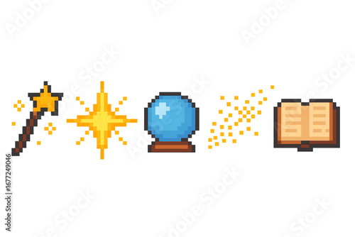 Pixel art magic icon set. 8 bit retro game assets. Fantasy RPG elements. Vector magic wand, crystal ball, spellbook, sparkle. Sorcery, wizardry, witchcraft symbols.
