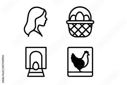 Morning farm icon set with young woman silhouette, basket of eggs, chicken coop door, and hen. Outline vector symbols for agriculture, poultry, and organic food concept.