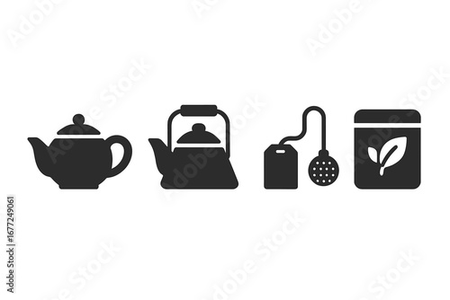 Tea essentials vector icon set. Solid glyph symbols for tea brewing. Teapot, kettle, tea bag, infuser ball, and loose leaf tin silhouettes. Hot drink and beverage icons.