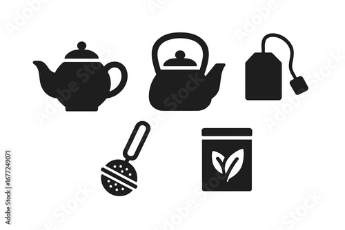 Tea brewing essentials solid filled icon set. Simple black glyph symbols of teapot, kettle, tea bag, loose leaf tea tin, and strainer infuser. Vector graphic for cafe menu design.