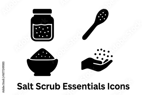 Salt scrub essentials solid glyph icon set. Body care, skincare, and exfoliation concept. Spa, beauty treatment, and cosmetics symbols. Vector salt jar, spoon, and bowl.