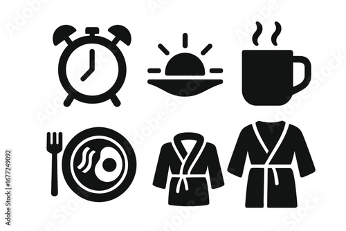 Morning routine solid glyph icon set. Wake up concept with alarm clock, sunrise, hot coffee or tea mug. Breakfast with fried egg and bacon. Cozy bathrobe vector symbols.