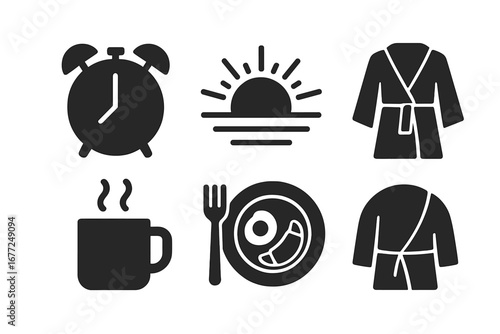 Morning routine solid glyph icon set. Wake up, breakfast, and daily life symbols. Alarm clock, sunrise, coffee or tea mug, fried egg, and bathrobe vector illustrations.