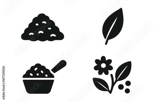 Tea flavor icons set. Solid filled glyphs of tea leaves, loose tea pile, green tea leaf, black tea scoop, and herbal mix. Natural organic ingredients vector collection.