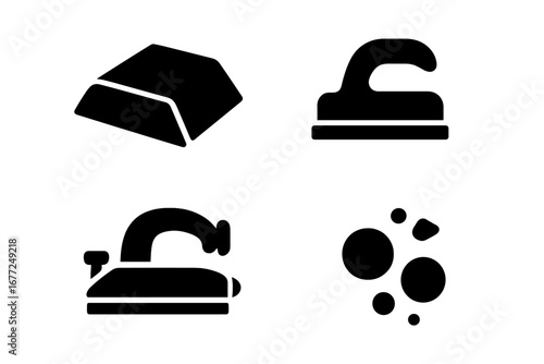 Sanding tools glyph icon set. Hand sander, block, sponge, grip and dust symbols. Solid black silhouette vector for woodworking, carpentry, DIY, renovation and construction.