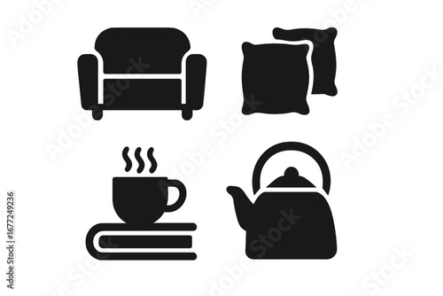 Cozy home comfort essentials glyph icon set. Solid silhouette symbols for relaxation, leisure, and hygge lifestyle. Armchair, pillows, reading book with hot tea cup, kettle.