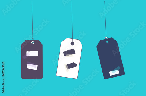Price tag, blank coupon, sales label. Discount loyalty program. Low price sale, adhesive tape stuck on. Purchase concept with promotional offer and bonus, voucher. Favorable purchase at a low price, c