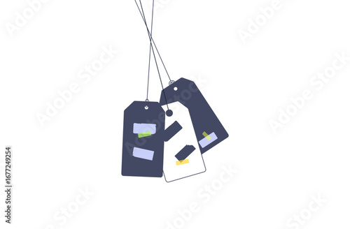 Price tag, blank coupon, sales label. Discount loyalty program. Low price sale, adhesive tape stuck on. Purchase concept with promotional offer and bonus, voucher. A low price, cashback. Vector.