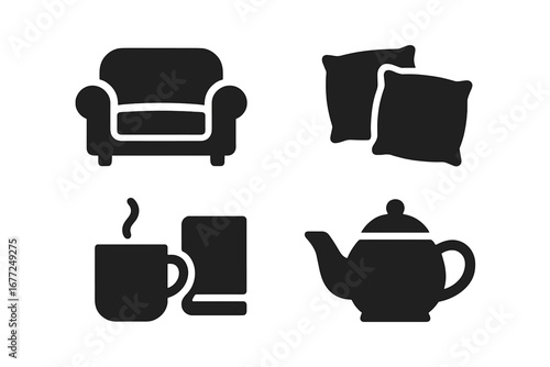 Cozy night at home essentials icon set. Vector glyph symbols for relaxation, comfort. Armchair, pillows, book, coffee cup, teapot. Hygge lifestyle concept illustration.