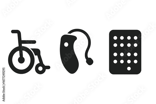 Inclusive medical solid icon set. Accessibility and disability concept with wheelchair, hearing aid, and braille chart symbols. Healthcare vector graphic resources for design.