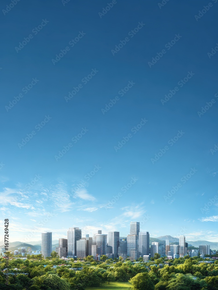 Obraz premium modern city skyline panorama under blue sky with green landscape
