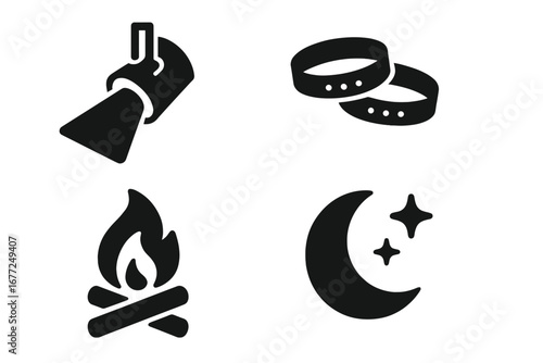 Night festival solid icon set. Entertainment symbols for outdoor music event. Stage spotlight, event wristbands, campfire, moon and stars. Vector glyph pictogram collection.
