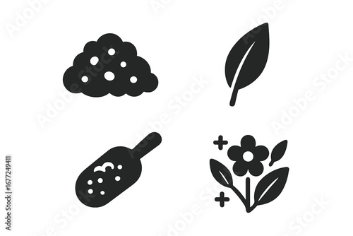 Tea flavor icons solid glyph set. Loose leaf tea pile, green tea leaf, black tea scoop, herbal flower blend. Beverage and drink symbols for packaging, cafe menu, tea house.