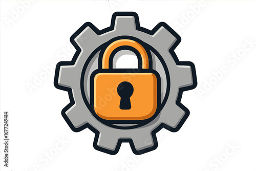 Secure lock symbol inside a gear representing digital protection, cyber security, and safety in technology environments, vector cartoon illustration with transparent background