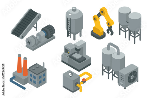 Isometric industrial equipment icon set. Factory automation machinery, robotic arm, conveyor belt, silo tank, and production line symbols. Vector manufacturing technology illustration.